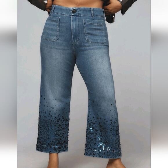Anthropologie Colette Cropped High-Rise Wide-Leg Jeans: Sequin Sparkle, 23 TALL - Picture 3 of 11